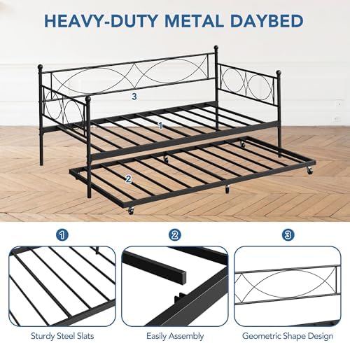 IDEALHOUSE Modern Black Metal Daybed with Trundle