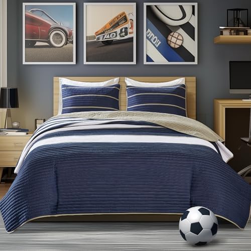 Comfort Spaces Quilt Set Twin Size White Blue Stripe