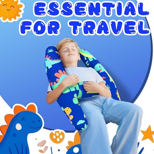 H-Shape Kids Travel Pillow with Blue Dinosaur Design