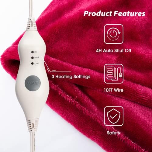 Tefici Electric Heated Blanket Throw with 3 Heat Levels and 4hr Auto Off