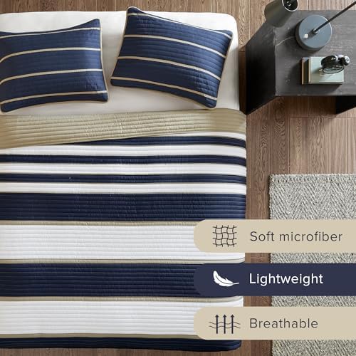Comfort Spaces Quilt Set Twin Size White Blue Stripe