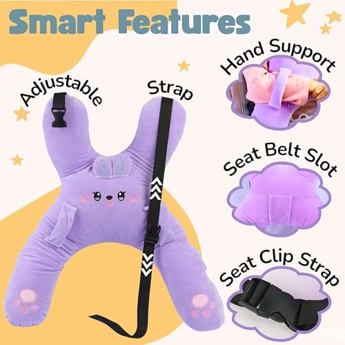 Kids Car Sleeping Pillow - X-Shaped Plush Animal with Seat Belt Slot - Purple