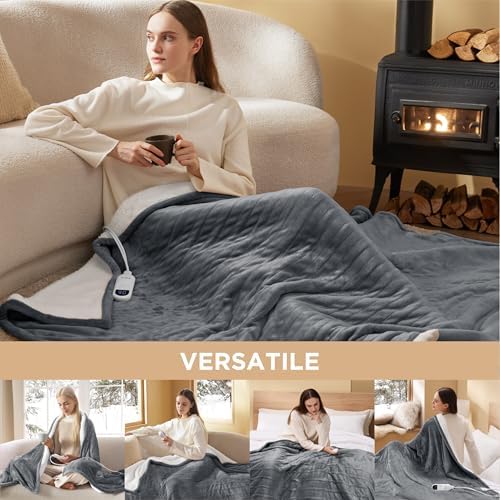 Bedsure Heated Throw Blanket - 6 Heating Levels 4 Time Settings Grey