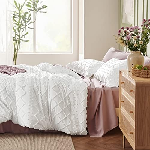 Bedsure Queen Comforter Set - White Boho Tufted Shabby Chic