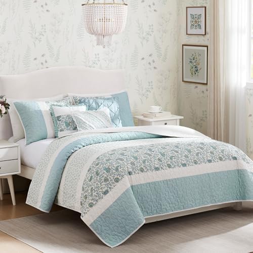 Madison Park Cotton Quilt Set Floral Print 6 Piece Light Teal