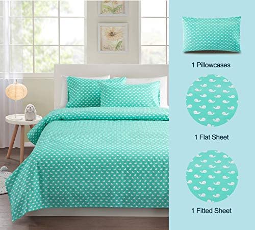 Vonty Kids Bed Sheets Twin Green Whale Print Set