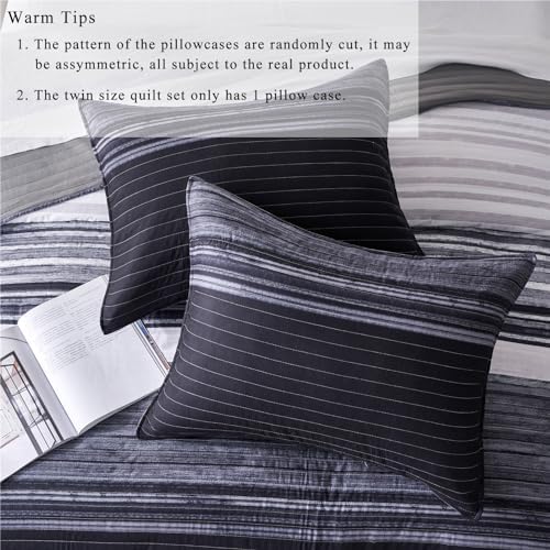 KAKIJUMN Queen Quilt Set with 2 Pillow Shams Black White Grey Striped Bedding