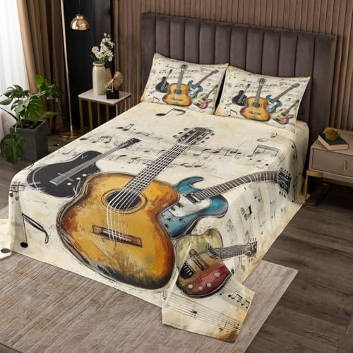 Retro Guitar Bedspread King Size 3Pcs Set