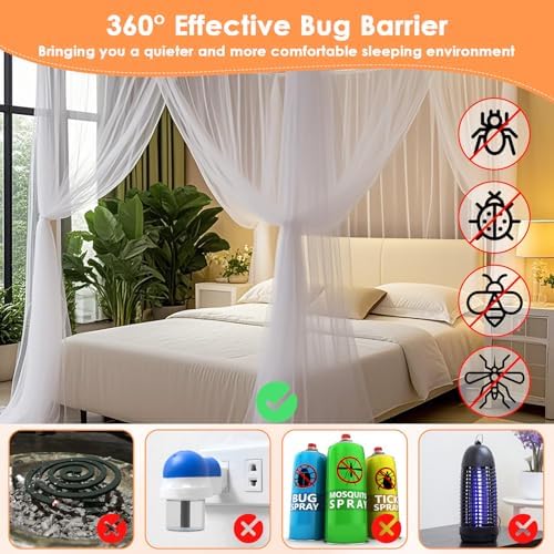 Qinzave 4 Corner White Canopy Bed Curtains