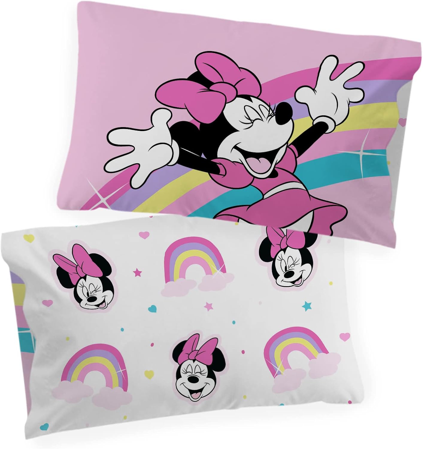 Jay Franco Disney Minnie Mouse Rainbow Stripe Pillowcase - Reversible Kids Bedding