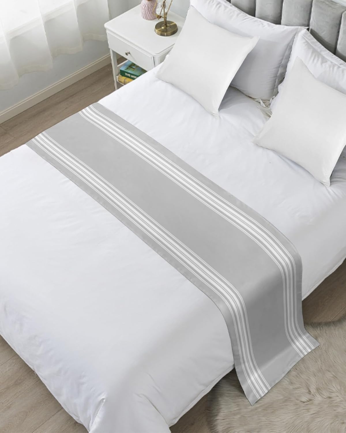 Ldtrchee Bed Runner King Size Satin Grey Striped
