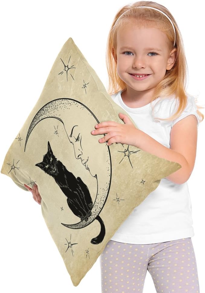 Moslion Black Cat Sits on Moon Throw Pillow Cover 18x18 Inch