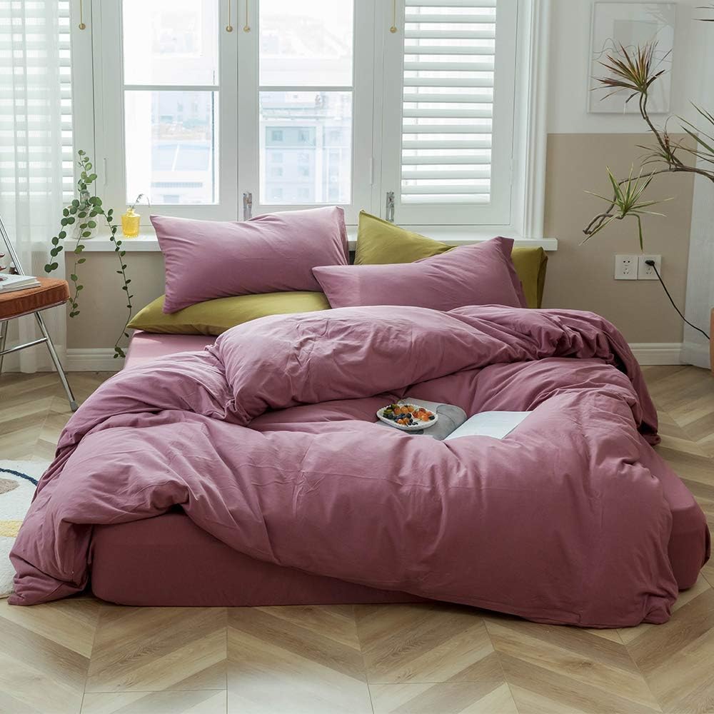 AMWAN Solid Purple Duvet Cover Set Queen Size