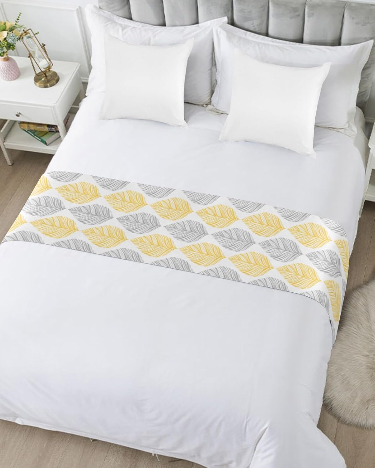 Minimalist Yellow Grey Leaf Bed Runner Scarf Set