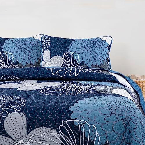 Anibedding Navy Blue Floral Quilt Set 3 Pieces Reversible Microfiber