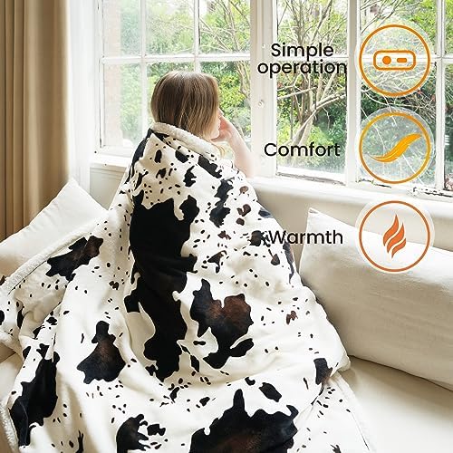 Blunique Cow Print Heated Throw Blanket with 5 Heat Levels