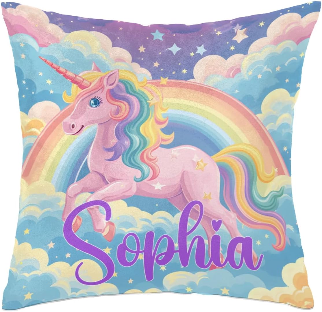 Personalized Pink Unicorn Rainbow Square Pillowcase for Kids