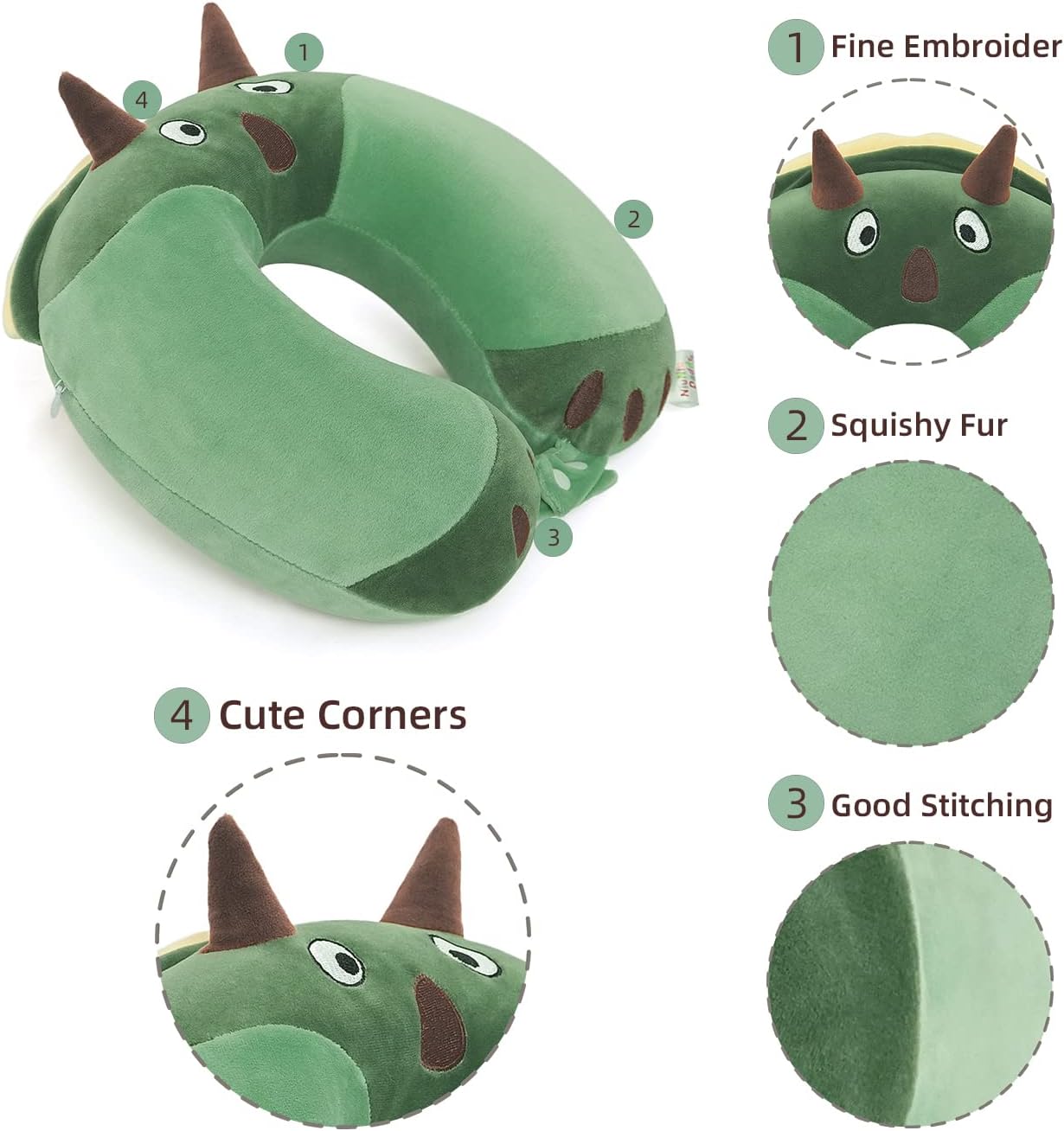 Niuniu Daddy Kids Travel Pillow - Green Dinosaur Design for Boys and Girls
