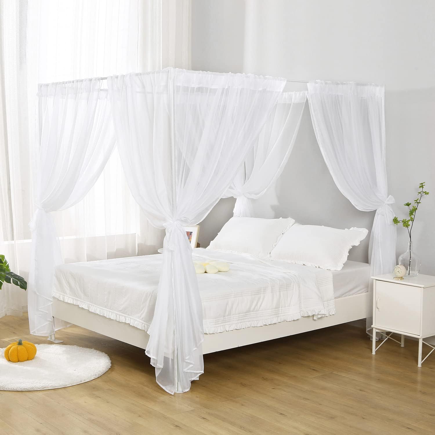 WANFASO White Canopy Bed Curtain for Queen Bed 8PCS Chiffon Panels