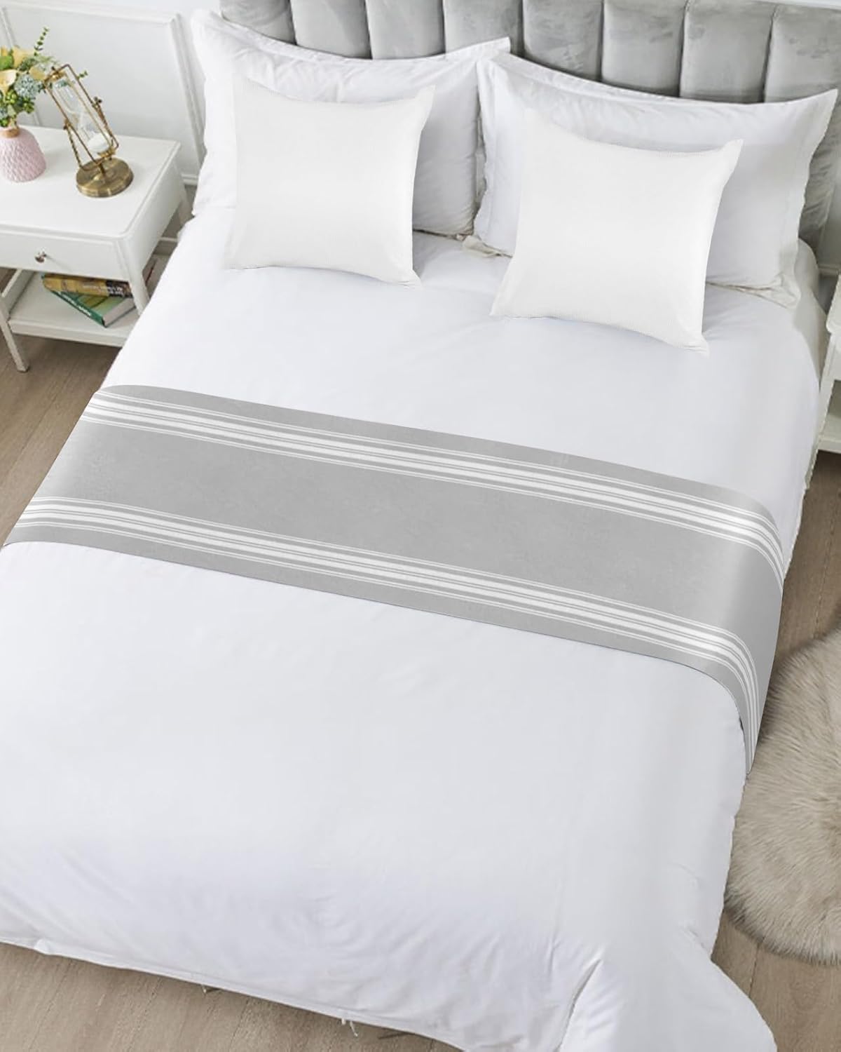 Ldtrchee Bed Runner King Size Satin Grey Striped