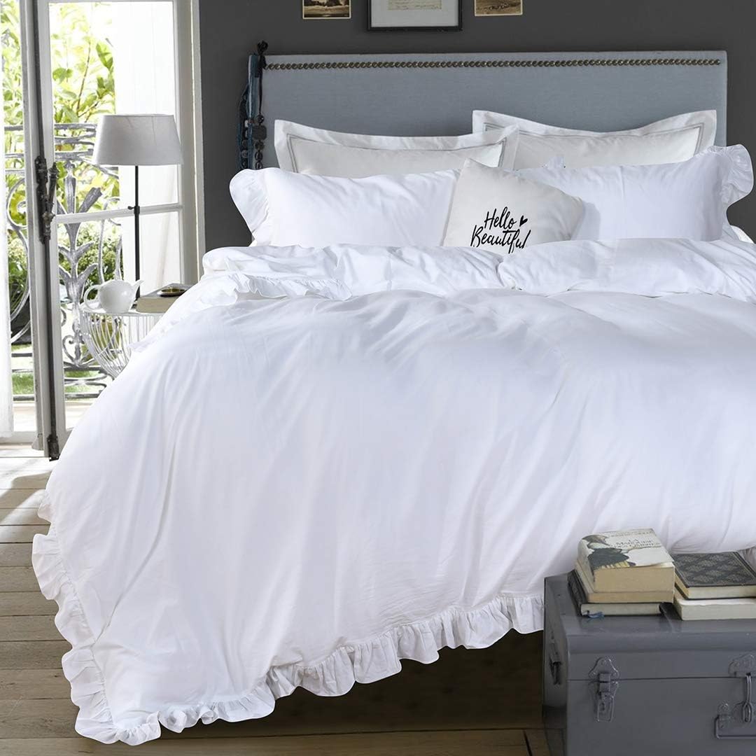 QSH White Ruffle Twin Duvet Cover Set 3 Pieces
