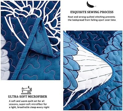 Anibedding Navy Blue Floral Quilt Set 3 Pieces Reversible Microfiber
