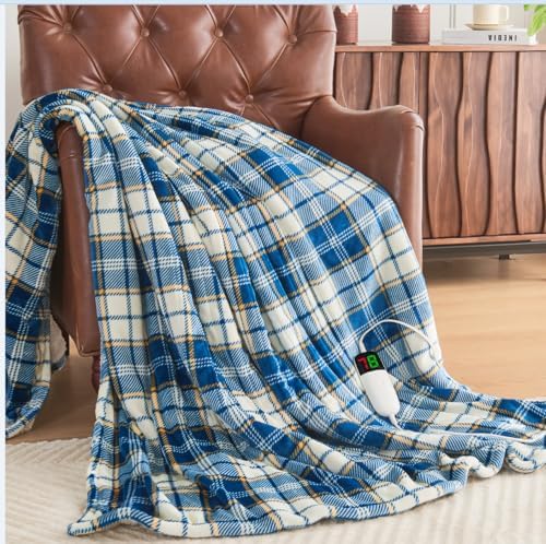 OCTROT Heated Blanket 50X60 Navy Plaid Sherpa Throw