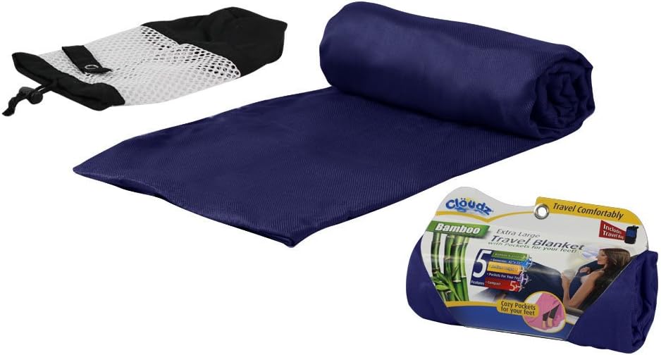 Cloudz Extra Large Travel Blanket with Foot Pockets and Travel Bag - Navy Blue