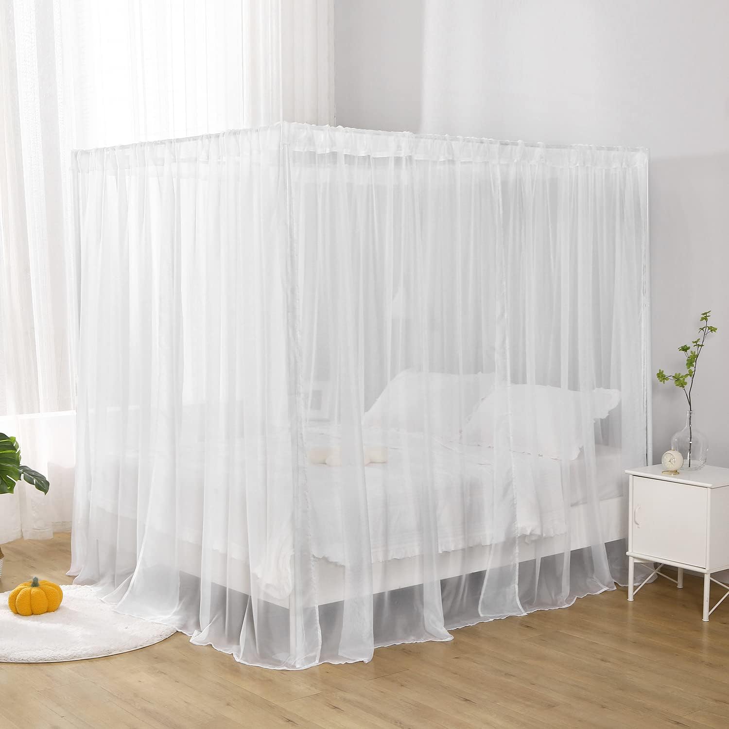 WANFASO White Canopy Bed Curtain for Queen Bed 8PCS Chiffon Panels