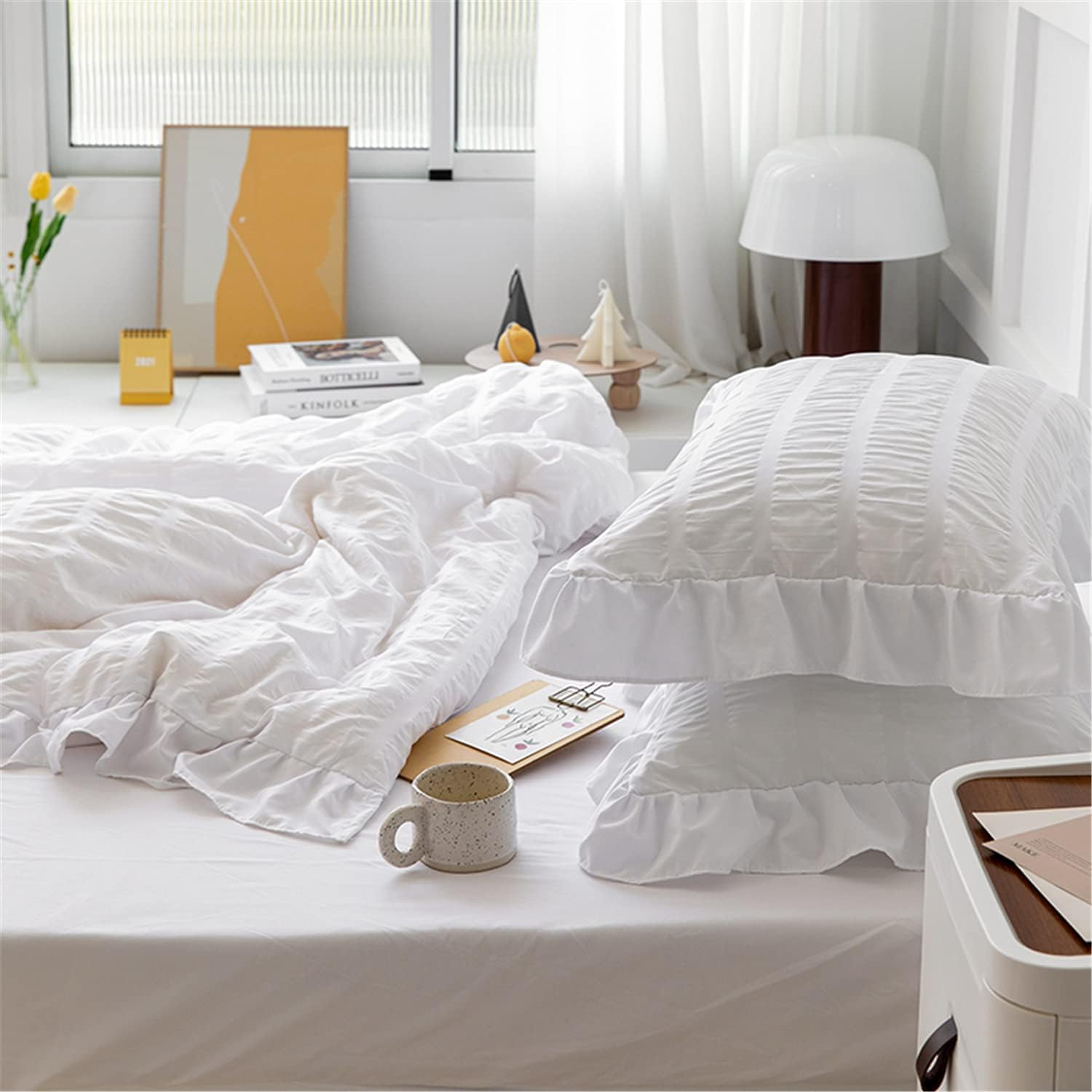 White Ruffled Duvet Cover Set 3 Piece Queen Seersucker Textured Stripe