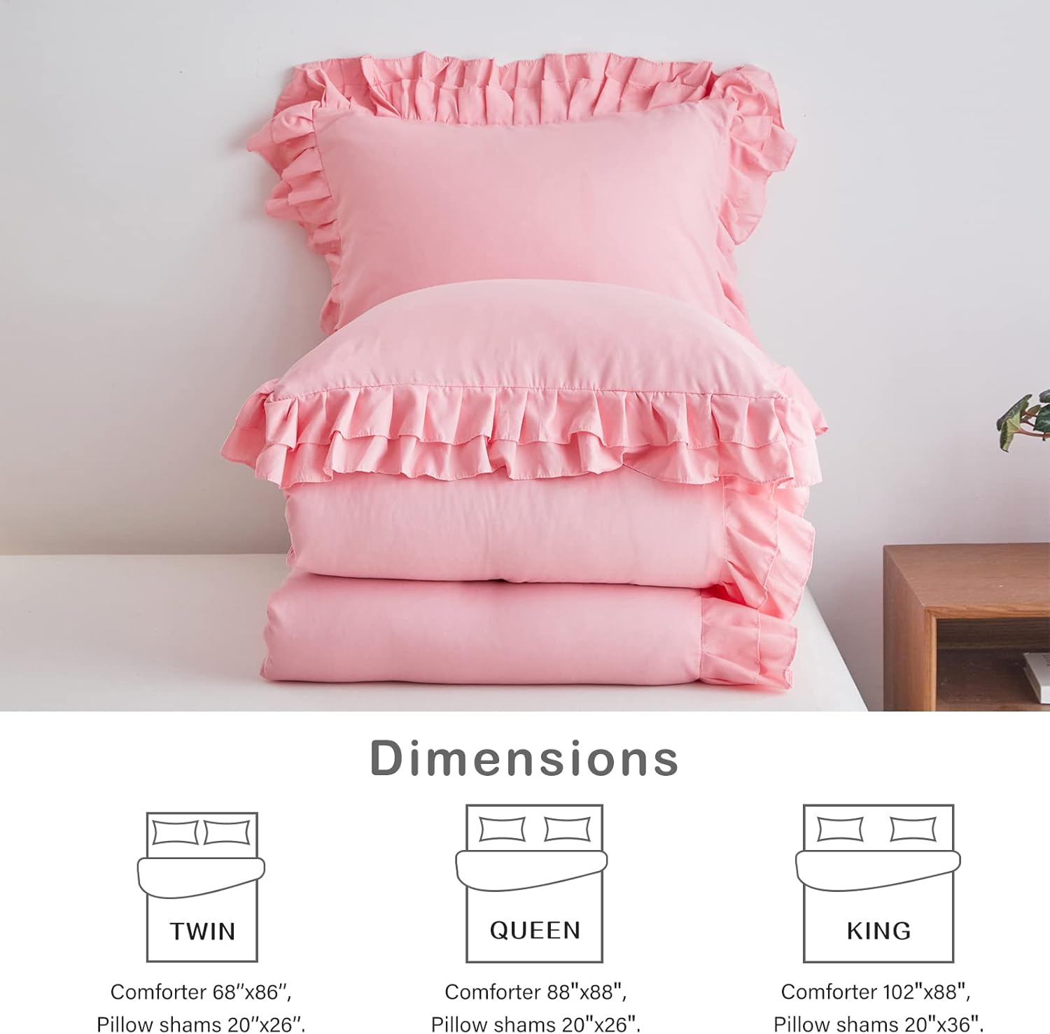 Pink Ruffled Comforter Set Twin Size 3 pcs