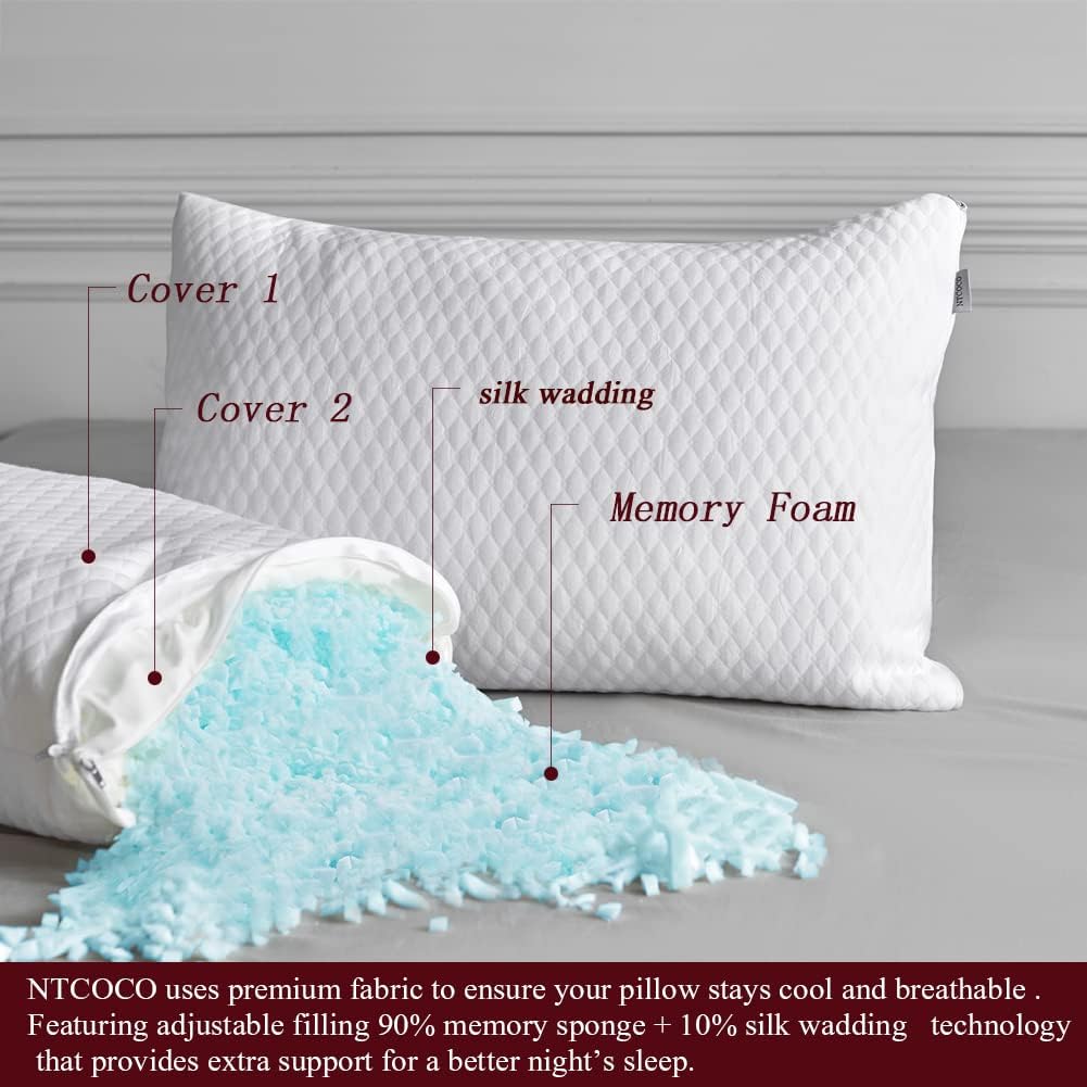 NTCOCO 2 Pack Memory Foam Pillows with Cooling Washable Cover
