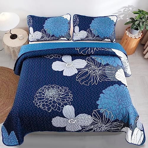 Anibedding Navy Blue Floral Quilt Set 3 Pieces Reversible Microfiber