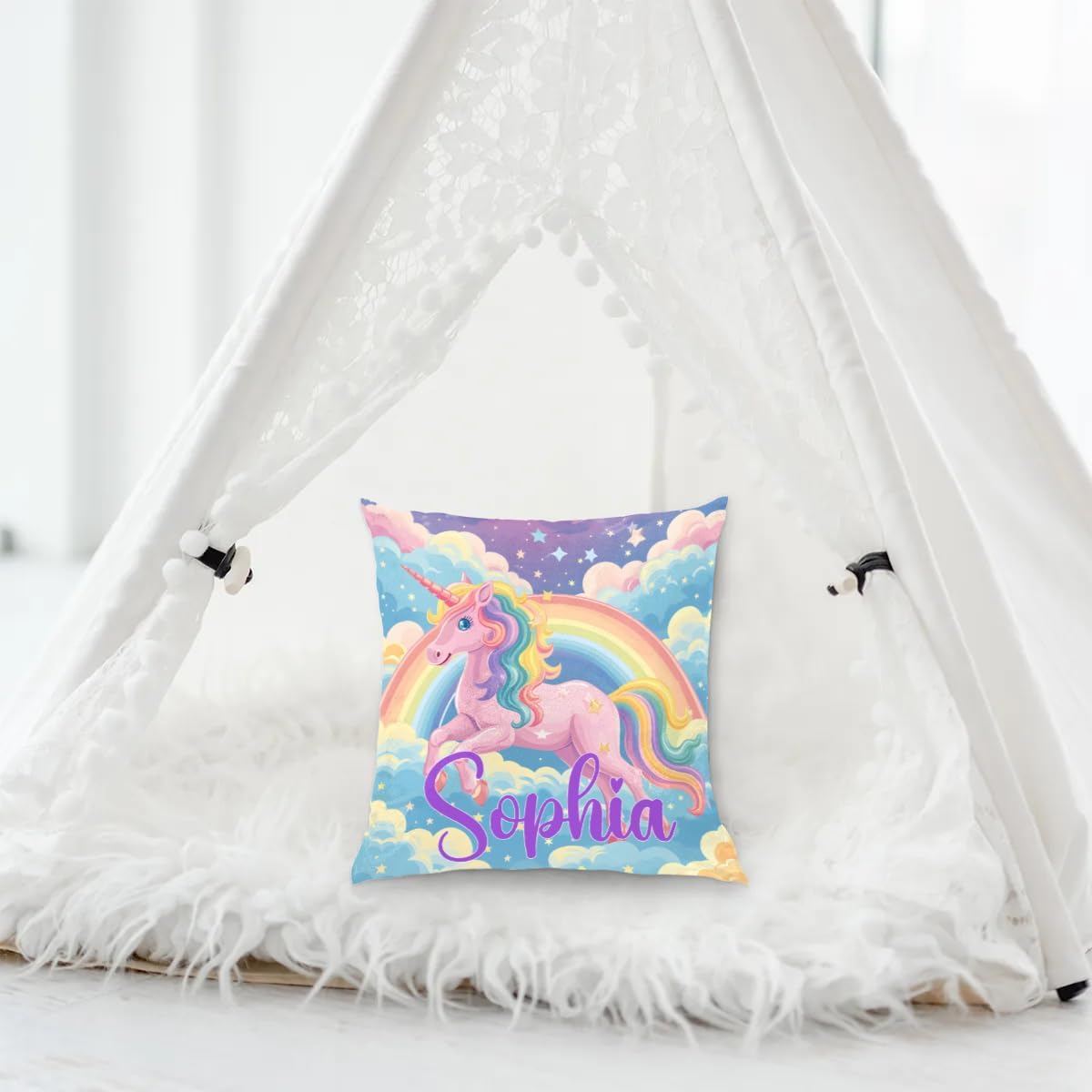 Personalized Pink Unicorn Rainbow Square Pillowcase for Kids
