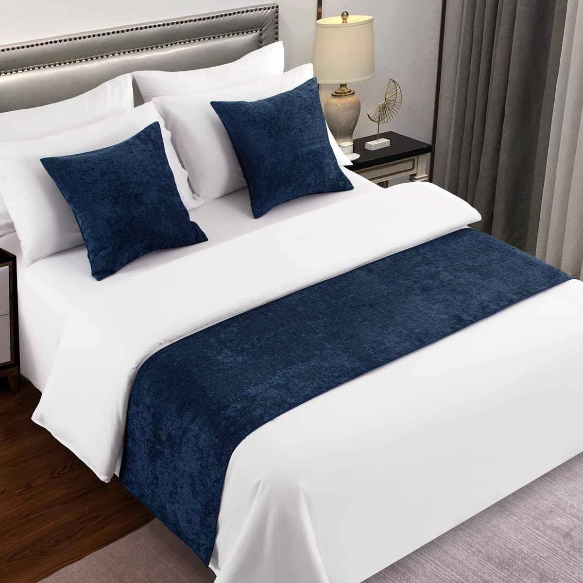 AMBERIS Dark Blue Chenille Bed Runner