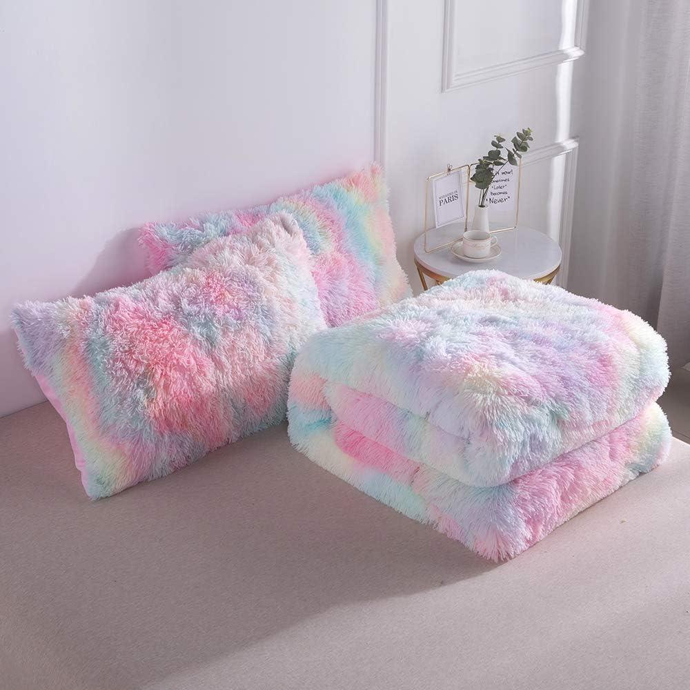 Wajade Faux Fur Rainbow Comforter Set - 3PC Fluffy Shaggy Bedding