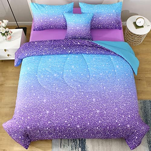 JQinHome Glitter Comforter Set Twin Size Blue Purple