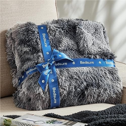 Bedsure Fuzzy Sherpa Faux Fur Twin Blanket Tie Dye Grey Cozy Gift