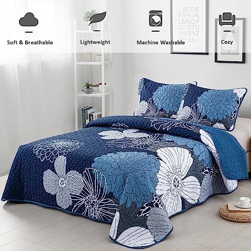 Anibedding Navy Blue Floral Quilt Set 3 Pieces Reversible Microfiber