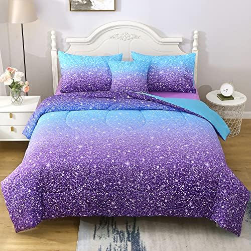 JQinHome Glitter Comforter Set Twin Size Blue Purple