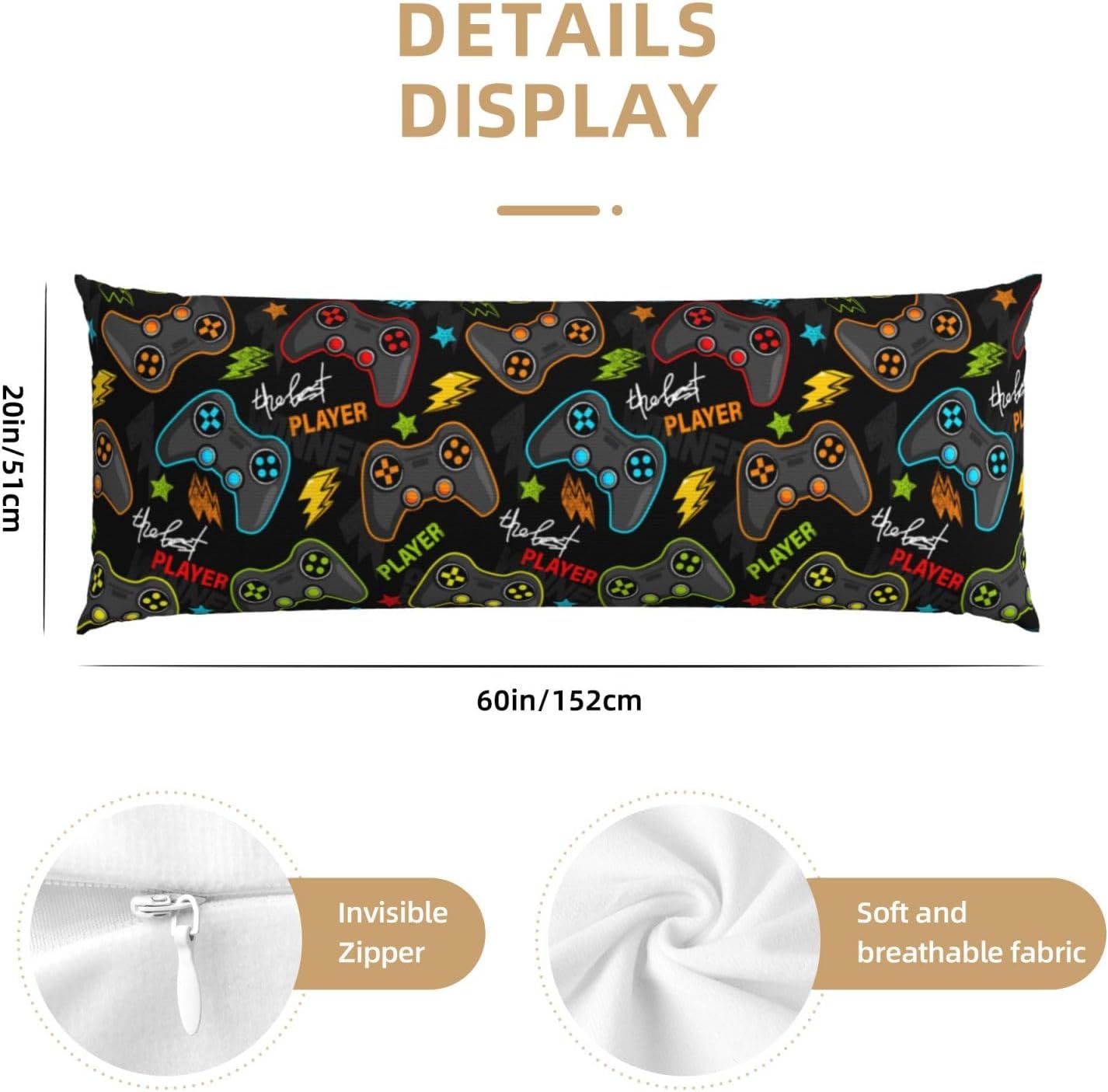 Gaming Body Pillow Case for Boys 20x60 Microfiber with Zipper