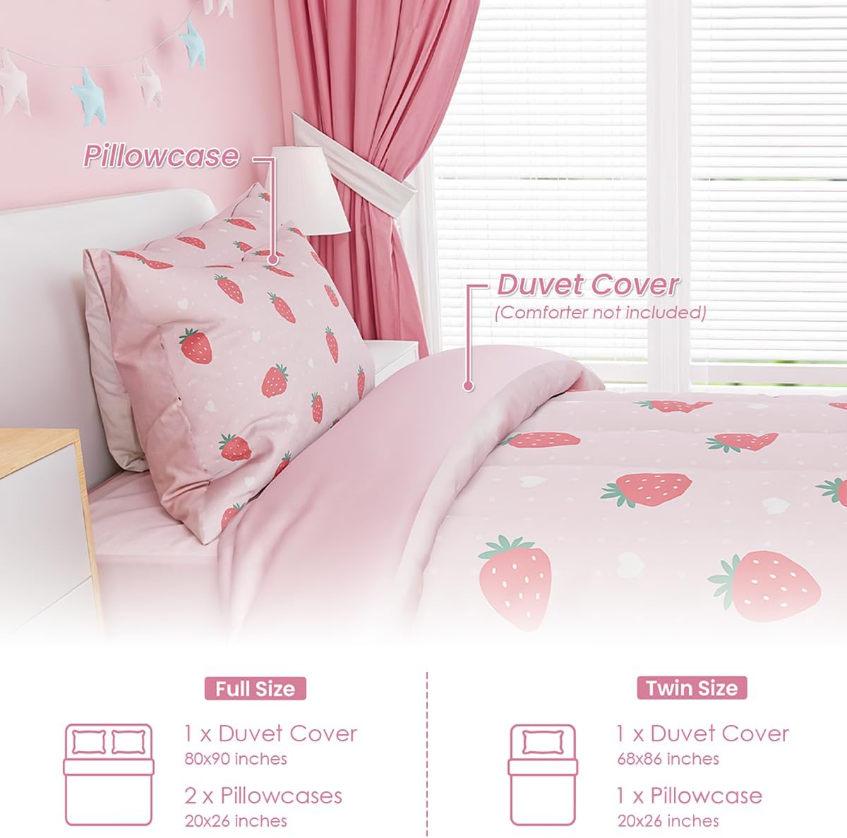 SANDJEST Strawberry Duvet Cover Set Twin for Kids