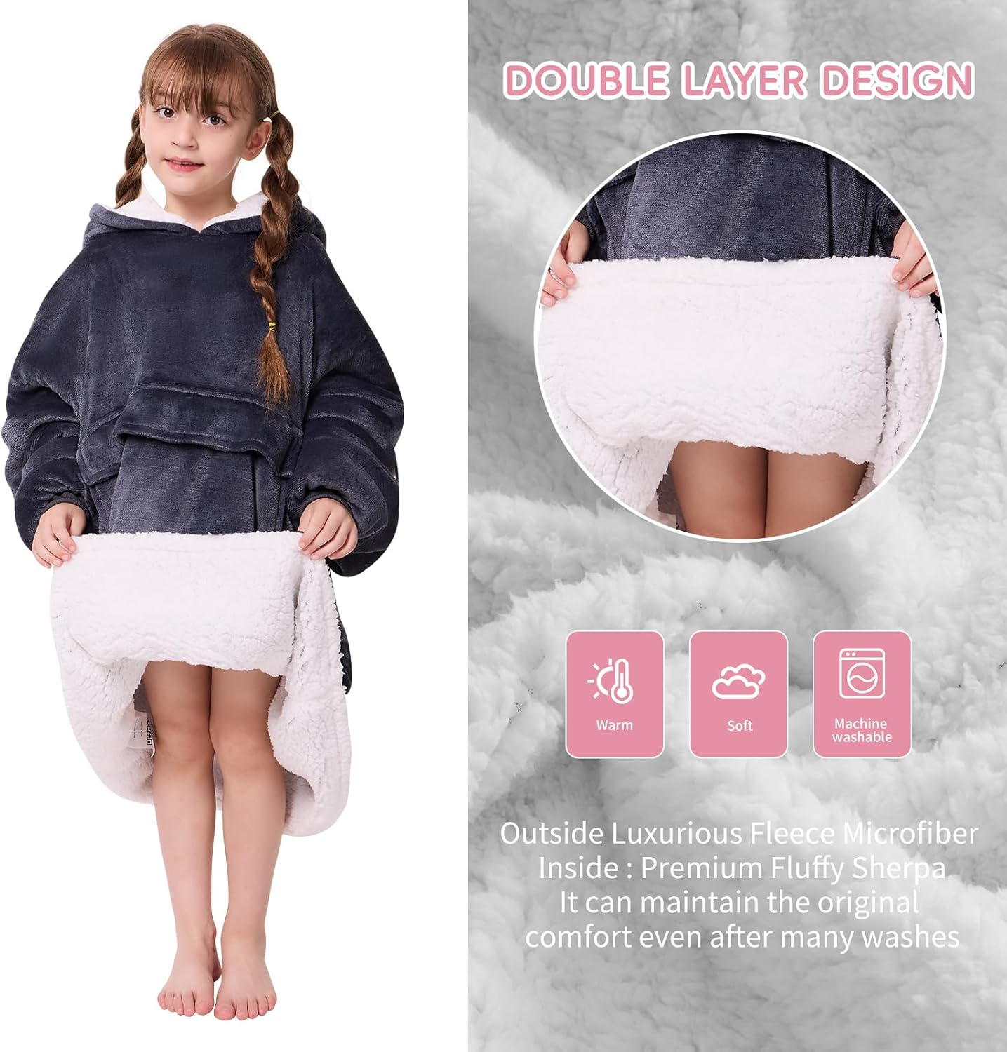 yescool Wearable Blanket Hoodie for Kids One Size Grey