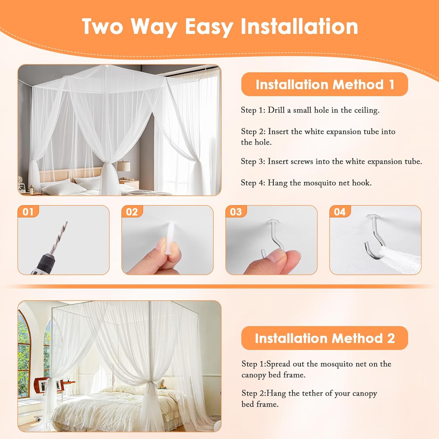 Qinzave 4 Corner White Canopy Bed Curtains