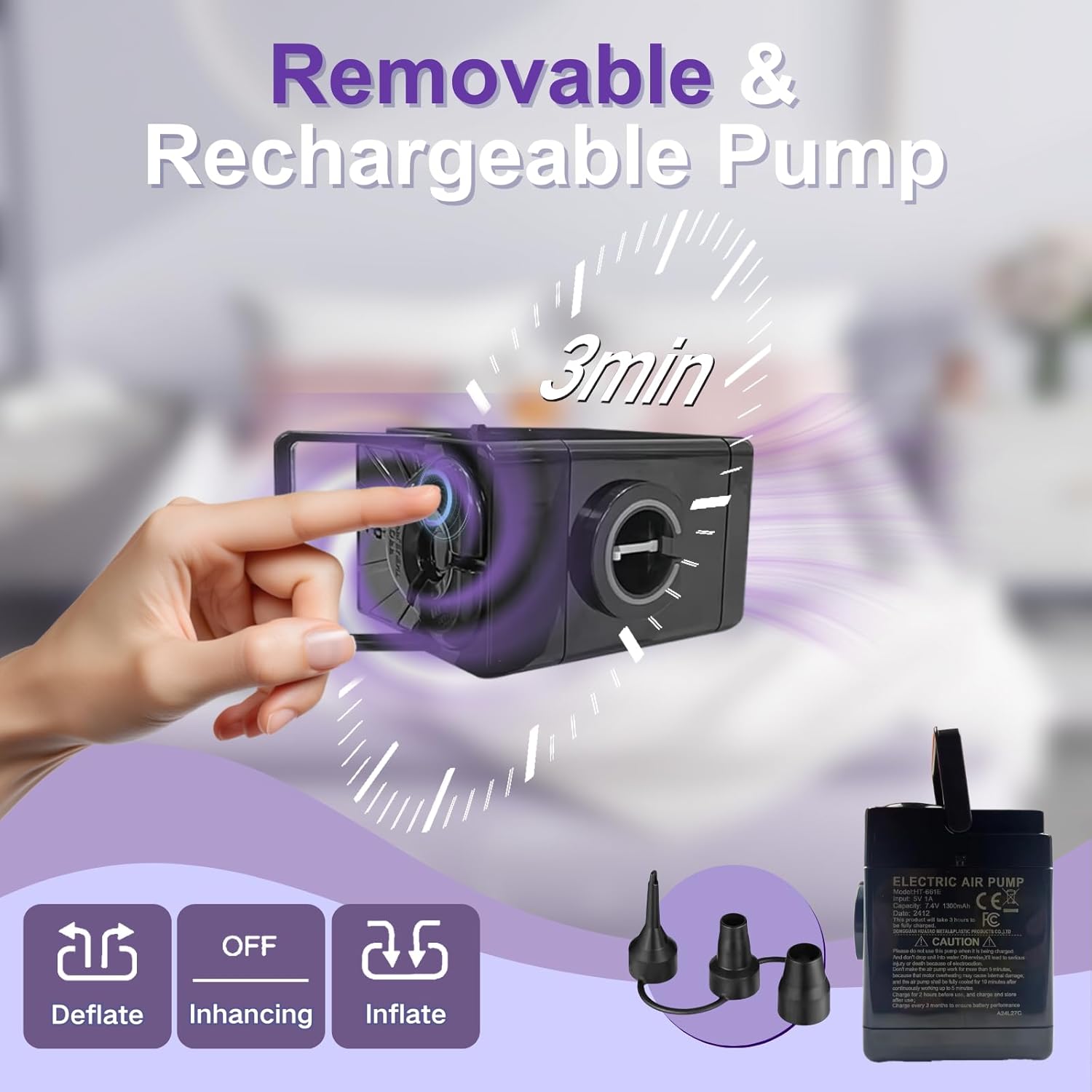 HikerSKY Queen Air Mattress with Wireless Pump 22 Inch Purple