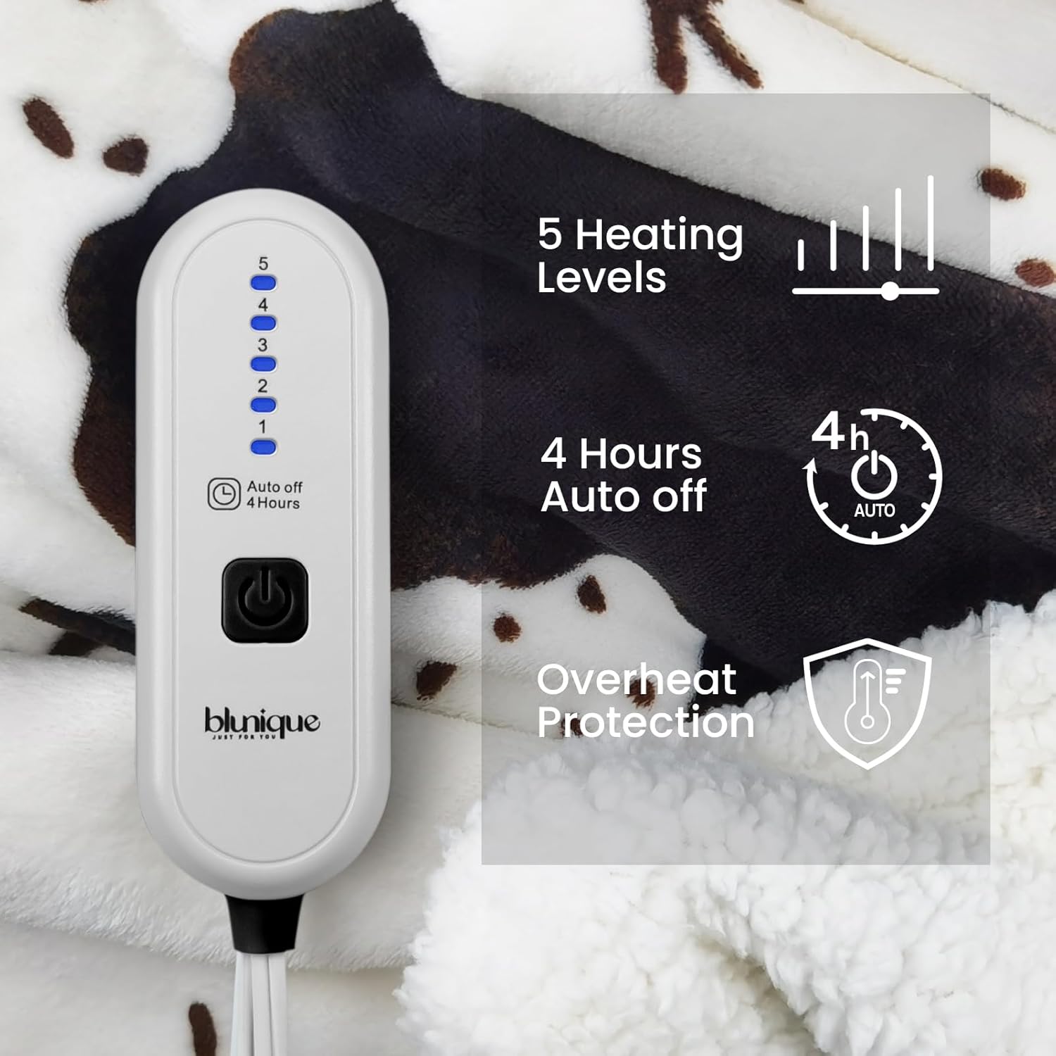 Blunique Cow Print Heated Throw Blanket with 5 Heat Levels