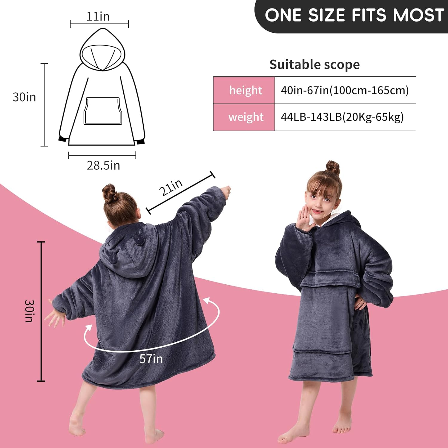 yescool Wearable Blanket Hoodie for Kids One Size Grey