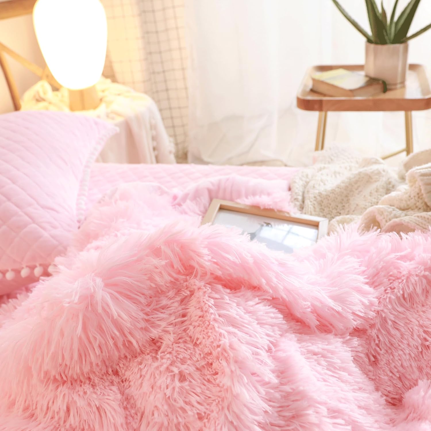 Fluffy Pink Duvet Cover Twin Set with Furry Pillowcases