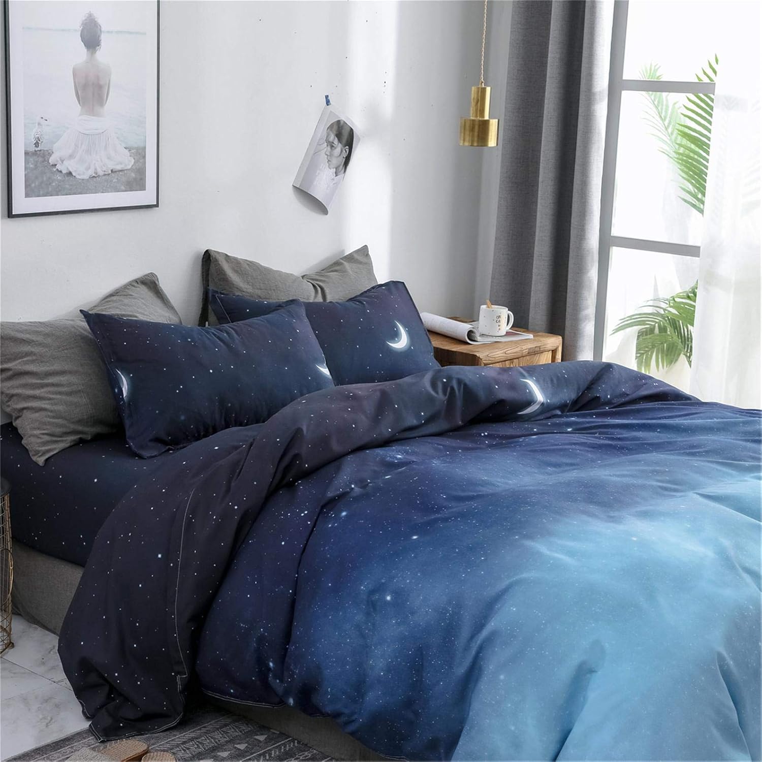 HYPREST Queen Duvet Cover Set 3pcs Star Moon Galaxy Patterned