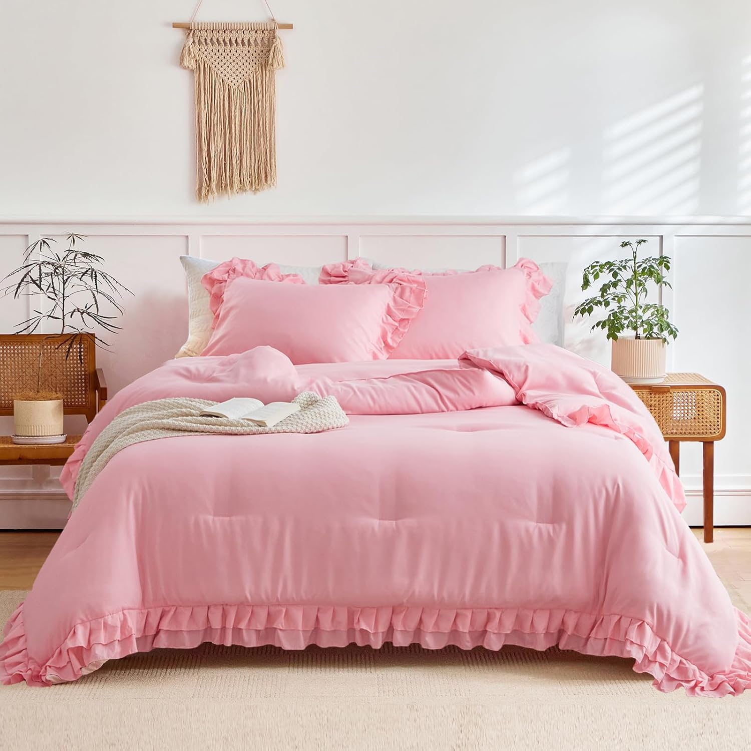 Pink Ruffled Comforter Set Twin Size 3 pcs